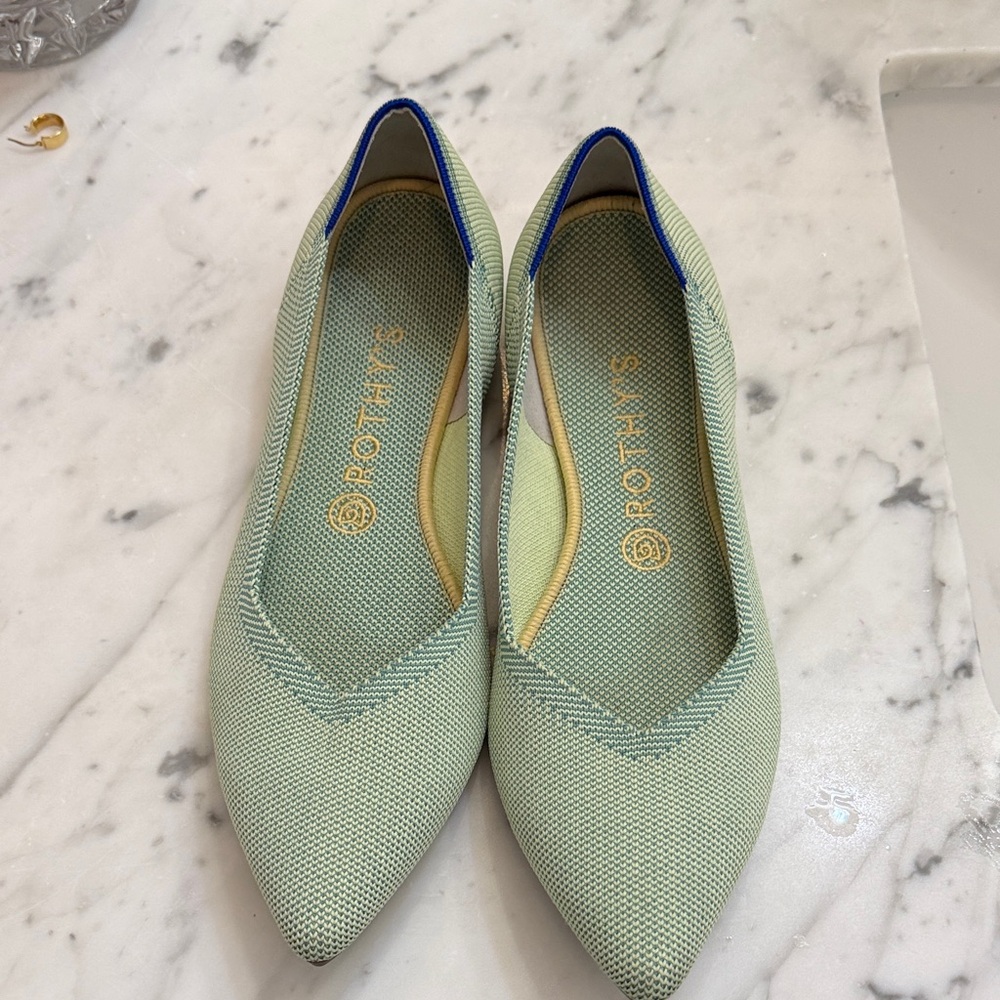 Rothy's Mint Green Pointed Knit Flats with Blue Trim